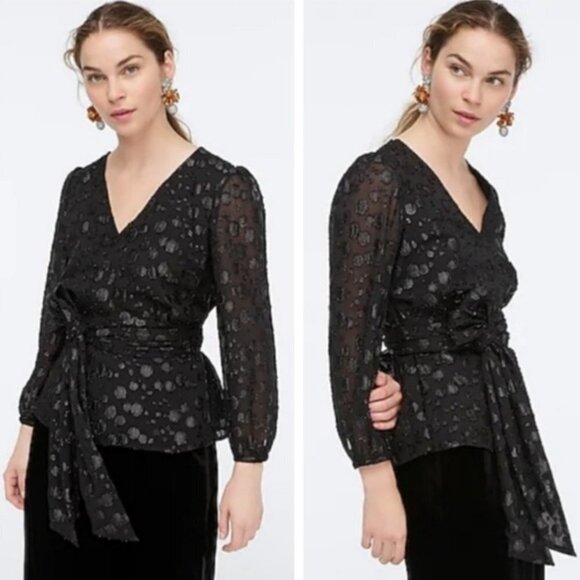 J. Crew Tie-waist V-neck Long Sleeve Top / Blouse in Metallic Dot Jacquard S - Picture 4 of 12